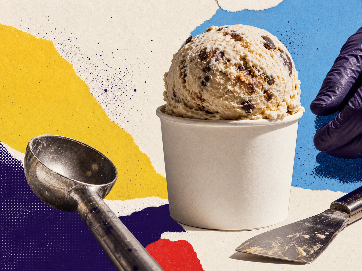 An emerging frozen-treat maker's pint and scoop in a colorful print-workshop still life