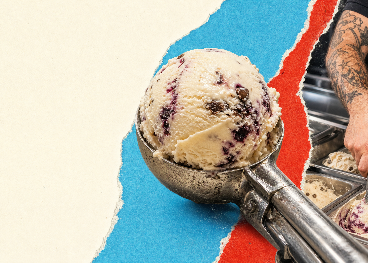 A dramatic ice cream scoop and scoop-shop maker arranged as a tactile print collage